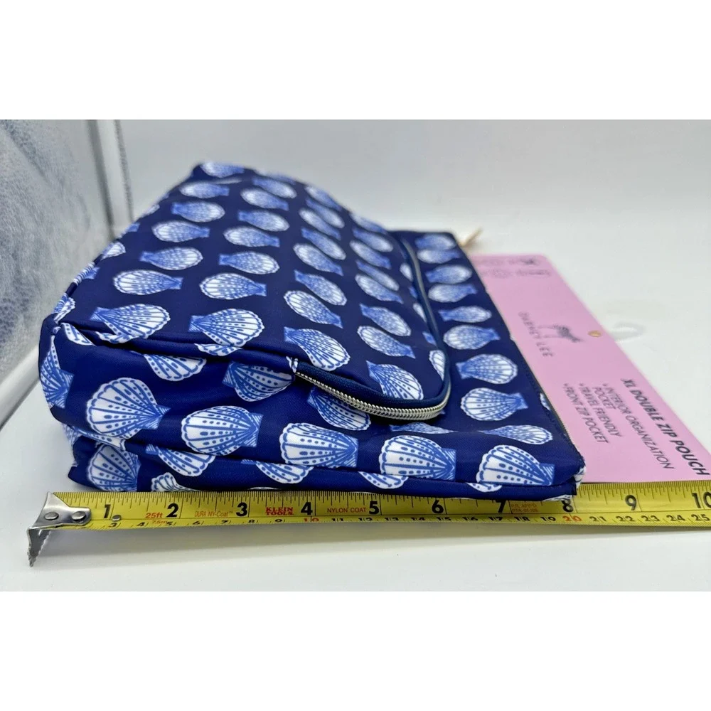 Dabney Lee XL Double Zip Pouch Navy Blue Seashell Travel Organizer Pouch NEW